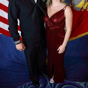 Red sequined ball gown